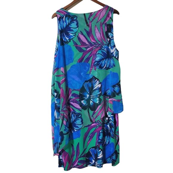 Susan Graver Liquid Knit Mini Dress 1X Plus Tropical Floral Print Green Pink - Picture 4 of 10